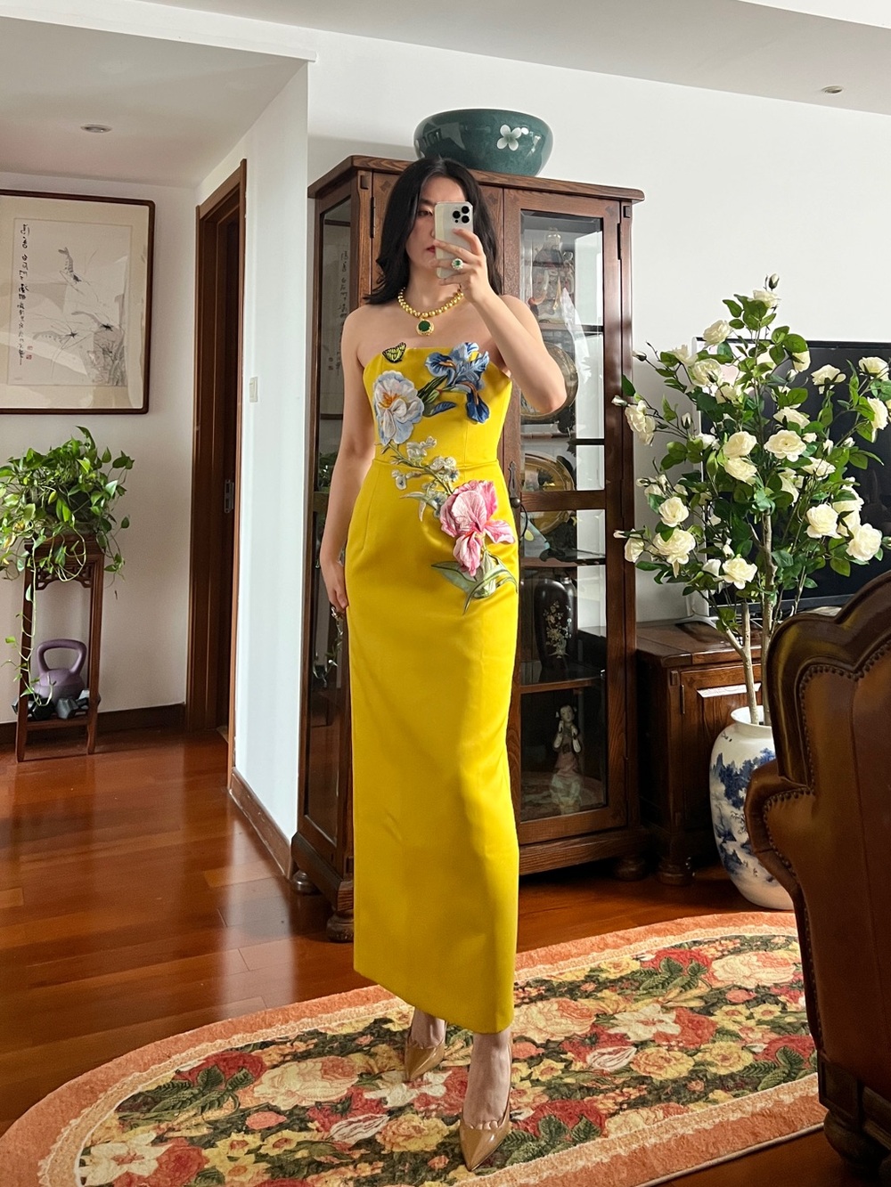 Leo Lin Rayna Mustard Floral AppliquéEmbroidered Strapless MaxiDress AU8/US4 NWT